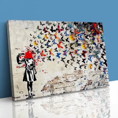 Butterfly Brains Banksy Girl Canvas Framed Print Picture Wall Art