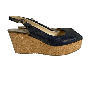 Jimmy Choo Shoes Women’s 39.5 Sparkle Blue Gold Cork Wedge Peep Toe High Heels - Picture 1 of 11