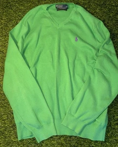 Polo Ralph Lauren Sweater Men XL Green Pima Cotton V Neck Pullover Lightweight * - Picture 1 of 4