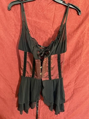 Coquette Gothic Satin Lace-Up Corset Top M Red Black Velvet Burlesque Goth - Image 1 of 4
