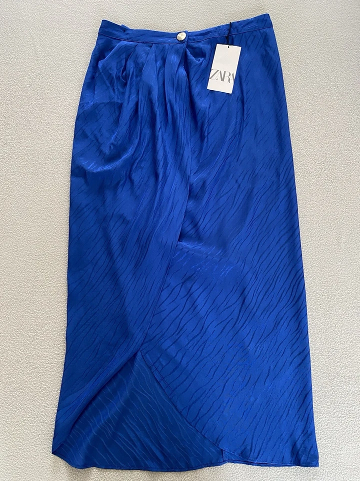 ZARA SKIRT WOMENS SZ SMALL 10 AUTUMN COBALT BLUE SILKY FEEL MIDI WRAP 36” LENGTH - Image 1 of 4