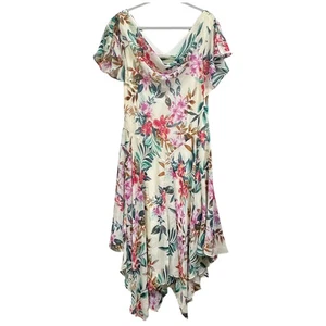 Robbie Bee Dress Womens 18 Cream Floral Cowl Neck Handkerchief Hem Lined V Back - Picture 1 of 9