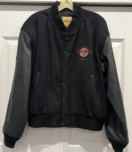 Bomber Jacket Leather Wool Men's XL Hard Rock Cafe Paris Save the Planet Vintage - Picture 1 of 8