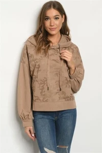 Taupe Brown Camouflage Print Hooded Sweatshirt Size Large Long Sleeve Hoodie - Picture 1 of 2