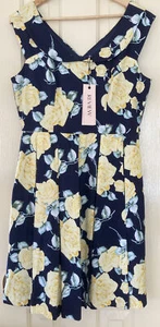 NWT Review Ladies Navy Yellow Floral Dress – size 14 New Pockets Lined - Picture 1 of 10