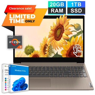 Lenovo IdeaPad 3 Laptop Office 2024 15.6" Touch Ryzen 3 20GB RAM 1TB SSD Copilot - Image 1 of 4