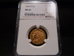 1909-D MS62 $5 Indian Gold Half Eagle NGC Certified - Bright - Picture 1 of 10