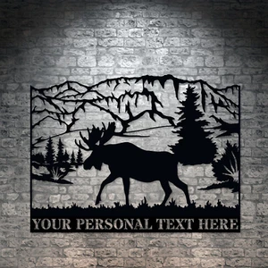 Personalized Moose In The Mountains Name Metal Sign. Custom Wall Art Decor Gift - Picture 1 of 6