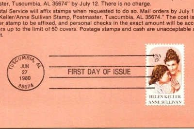 USPS FDC Souvenir Sheet Helen Keller Anne Sullivan Stamp Scott #1824 - Image 1 of 2