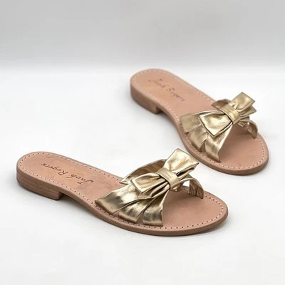JACK ROGERS Brightly Bow Sandal Womens 8.5 Gold Nappa Leather Slip On Slide Flat - Image 1 of 4