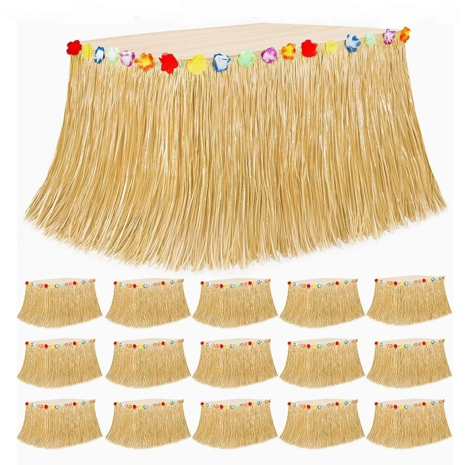 16 Pack Luau Party Decorations, Hawaiian Grass Table Skirt, Flower 108 X 29.5" - Image 1 of 4