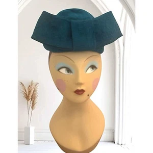 Vintage 1950s Deborah Exclusive Blue Felt Hat Stamped Duchess Body Made in Italy - Picture 1 of 6