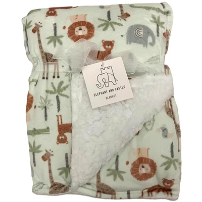 Elefante y Castillo Verde Safari Animales de la Selva Peluche Bebé Manta Sherpa Nueva con Etiquetas Foto 1 de 3