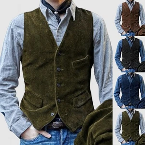 Stylish Men's Sleeveless Waistcoat in Corduroy Fabric British Retro Look - Picture 1 of 18