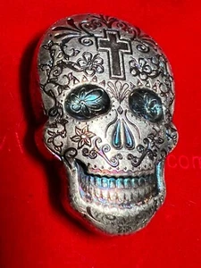 2 oz. 999 Feinsilber Sugar Skull - Tag der Toten blaue Augen - Kreuz - 3D SCHÖN! - Bild 1 von 4