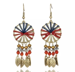 Beaded Boho Drop Dangle Earrings Gold Tone Multi-Colour Circle Hoop Feather - Picture 1 of 1