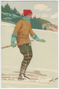 Postal ilustrada de esquí de invierno 1914 firmada por artista - postal alemana vintage - Imagen 1 de 2
