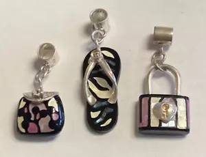 (3) Abalone Shell Charm Marked .925 Pendants Flipflop - Padlock - Mini Purse - Picture 1 of 2