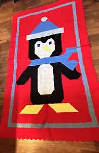 Vintage Hand Crochet Afghan Blanket Animal Penquin W/ Hat 52” X 83”Handmade - Picture 1 of 6
