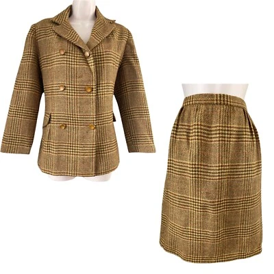 Vtg 60s Mod 2 Pc Set Skirt + Jacket Sz M/L Wool Mustard Tartan Plaid Blazer Coat - Image 1 of 4