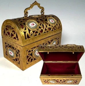 Antique French Bronze 4.5" Jewelry Box, Old Paris or Sevres Floral Medallions - Picture 1 of 14