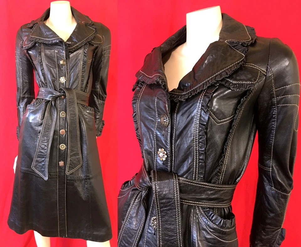 Dress in DESIGNER ROUGE Genuine SOFT LEATHER Trench BLACK Belted COAT size XS - Image 1 of 4