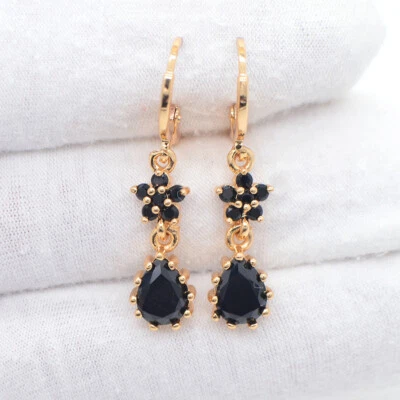 18K Yellow Gold Filled Women Black Mystic Topaz Flower Teardrop Dangle Earrings - Image 1 of 3