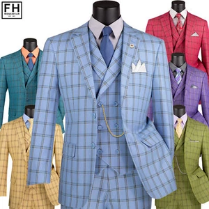 VINCI Men's Windowpane 3-Piece Suit 38S-56L, 6 Colors, Modern Fit - NEW - Picture 1 of 31