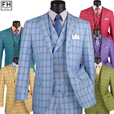 VINCI Men's Windowpane 3-Piece Suit 38S-56L, 6 Colors, Modern Fit - NEW - Image 1 of 4