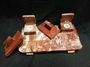 Red Marble Double Inkwell Pen Desk with 2 blotters - Picture 1 of 12