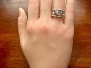 Sterling Silver 925 Wide Diamond Accent Heart Band Ring Sz 6.75 - Picture 1 of 7