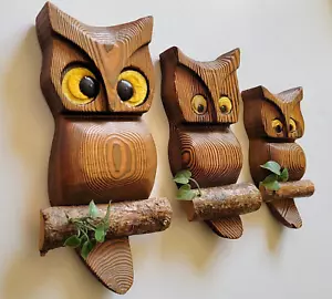 3 Vintage MCM Cryptomeria WITCO Stil Holz Eulen Wandbild Deko - Bild 1 von 8