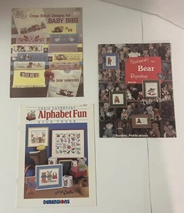 Lot of 3 Vintage Cross Stitch Leaflets - 45 Patterns! ABC Sampler - Bears - Bibs - Picture 1 of 6