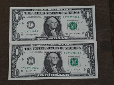 Lot of 2 $1 trinary UNC sequential order I77777002A I77777003A with 5 of kind 7s - Image 1 of 3