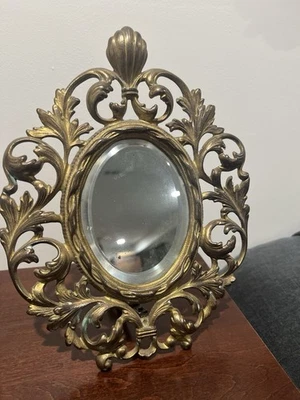 Vintage Heavy Gold Brass Ornate Tabletop Mirror Victorian  Vanity Oval Mirror - Image 1 of 4