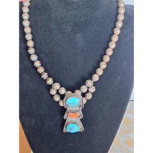 Indianer Sterling Silber Halskette - Türkis und Korallen Steine - Vintage - Bild 1 von 7