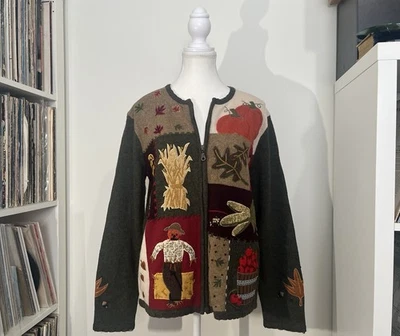 VTG 90’s Jones NY Hand Embroidered Lambswool Fall Patch Zip Up Sweater Women’s M - Image 1 of 4