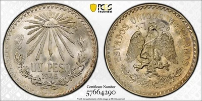 MÉXICO 1 Peso 1945 M, PCGS MS 66 Gema UNC Sin Circular, Brillo Completo Impresionante. A4 Foto 1 de 4