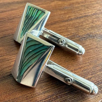 Silver 925 Shell Cufflinks Natural Unique Green Shine 11.2g Used - Image 1 of 4