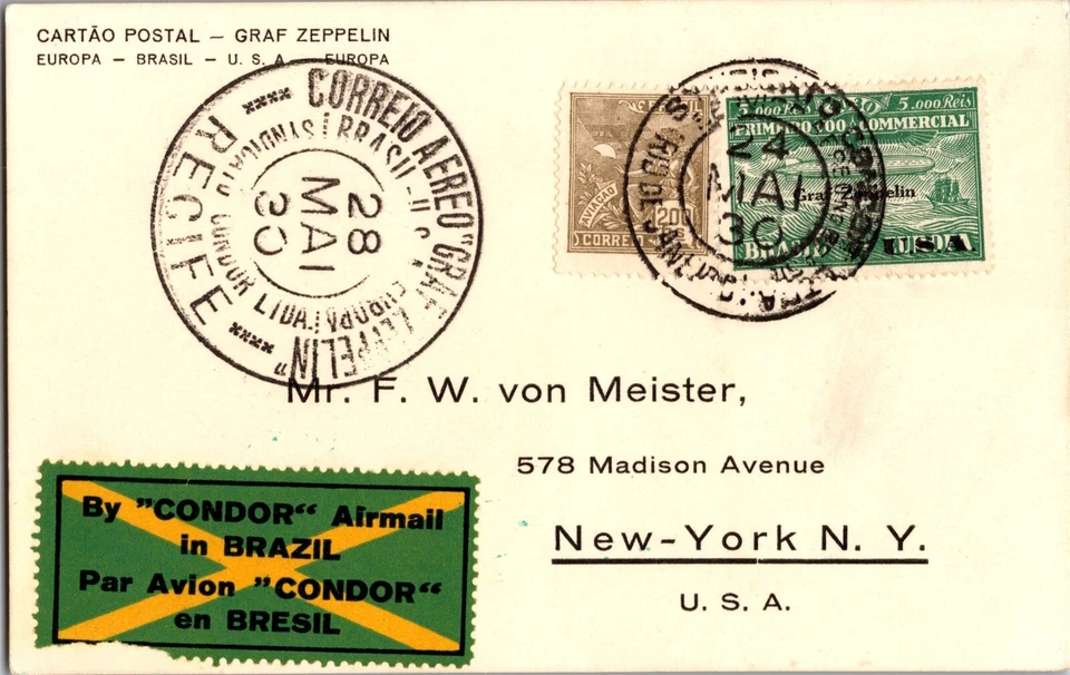 1930 Brasil Recife Graf Zeppelin LZ 127 Correo Aéreo Postal Cubierta a EE. UU. Nueva York Foto 1 de 2