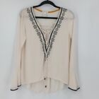 CLOVER + SCOUT Shirt Womens Small Sm S Cream Gray Embroidered Lace Up Top