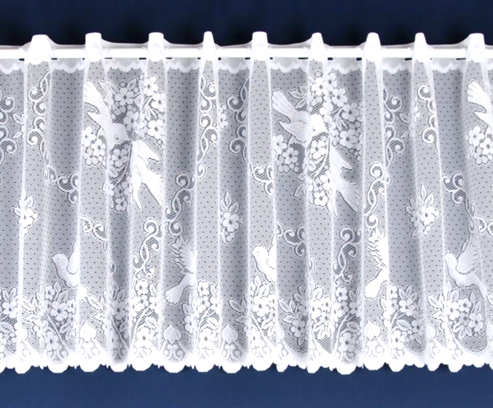 Love Bird Lace Cafe Net Curtains White in 12",18" & 24" drop - Sold by the Metre - Image 1 of 1