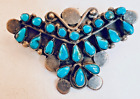 SIGNED uey? NATIVE AMERICAN STERLING 23 TURQUOISE STONES 1 3/4" PIN EXCELLENT