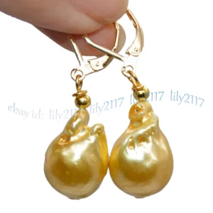 Natural Gold Yellow Baroque Keshi Pearl Dangle 14K Leverback Earrings 13x18mm - Picture 1 of 14