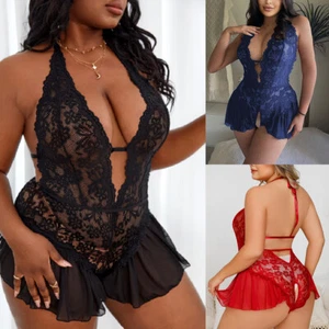 Plus Size Sexy Lingerie for Women Lace Bodysuit Halter Deep V Babydoll Sleepwear - Picture 1 of 26