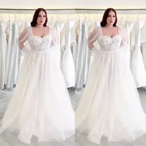 Plus Size Wedding Dresses Puff Sleeves Lace Appliques A Line Tulle Bridal Gowns - Picture 1 of 7