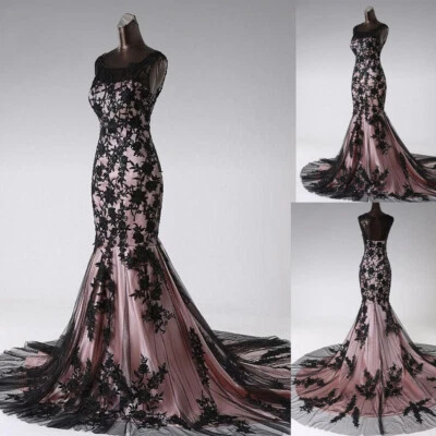 Gothic Mermaid Wedding Dresses Scoop Neck Black Pink Lace Appliques Bridal Gowns - Image 1 of 4