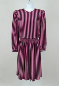 VTG 1980s CHARLEE ALLISON DRESS SIZE 11/12 POLY PINK MAGENTA &  BLACK STRIPES - Picture 1 of 11