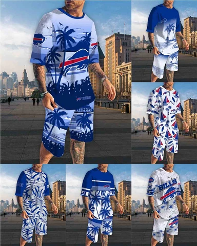 Buffalo Bills Men's 2PCS Outfit Summer Loose Tops Gym Beach Running Board Shorts Cover