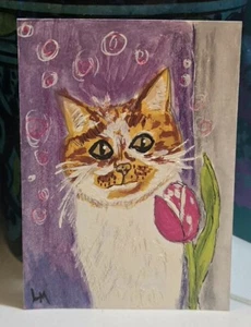 ACEO Original Art Painting Orange White Cat With Tulip Flower Spring OOAK ATC - Picture 1 of 5